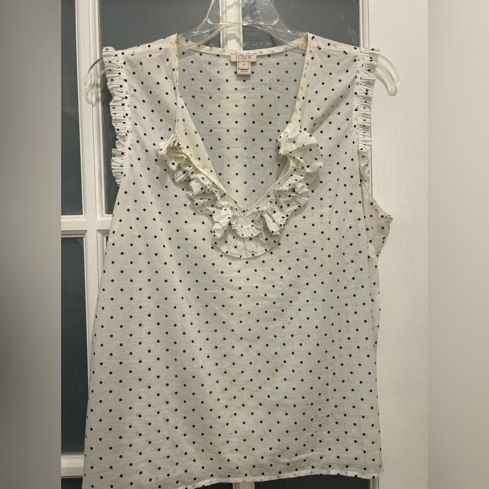 J. Crew White and Blue Polka Dot Cotton Ruffle Top Size 12
